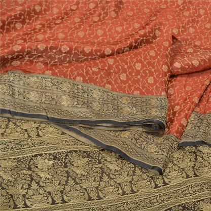 Sanskriti Vintage Black/Orange Sarees Pure Satin Silk Brocade Banarasi Woven Special Sari Sustainable Fabric