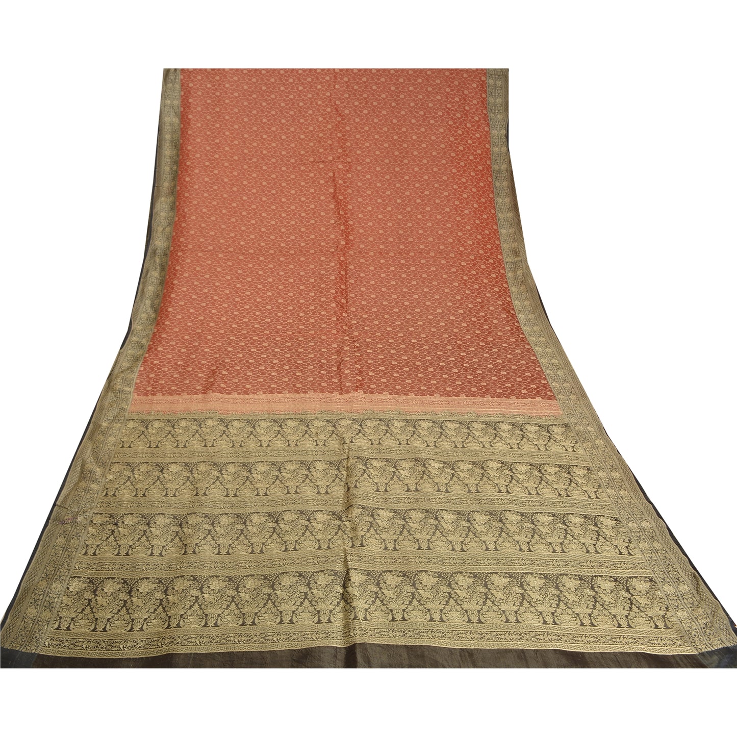 Sanskriti Vintage Black/Orange Sarees Pure Satin Silk Brocade Banarasi Woven Special Sari Sustainable Fabric