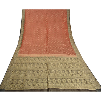 Sanskriti Vintage Black/Orange Sarees Pure Satin Silk Brocade Banarasi Woven Special Sari Sustainable Fabric
