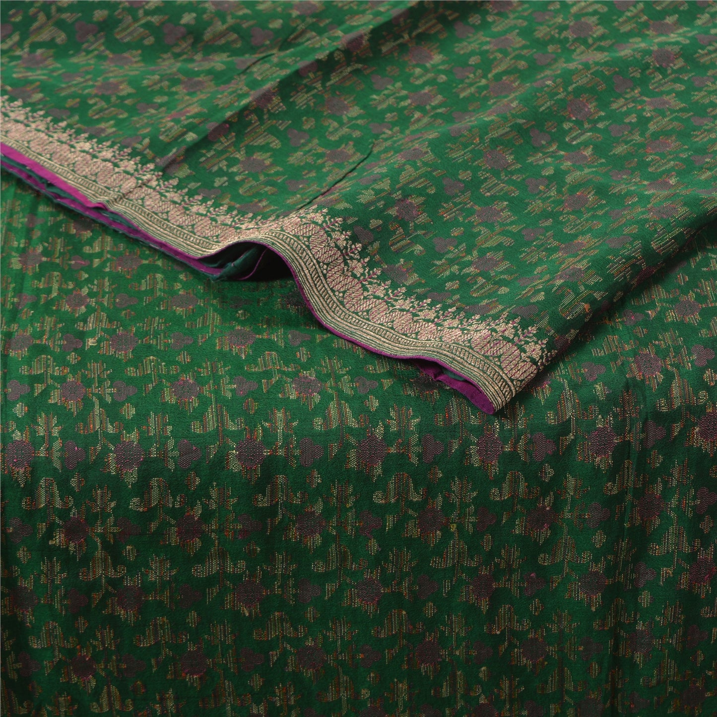 Sanskriti Vintage Pink/Green Sarees Pure Silk Woven Brocade/Banarasi Sari Sustainable Fabric