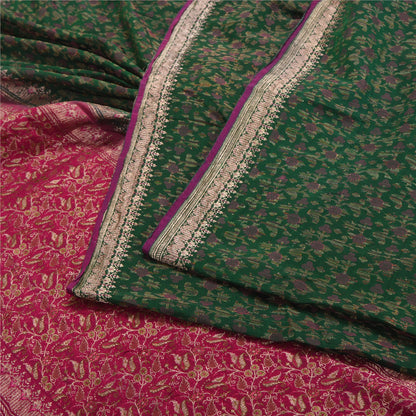 Sanskriti Vintage Pink/Green Sarees Pure Silk Woven Brocade/Banarasi Sari Sustainable Fabric