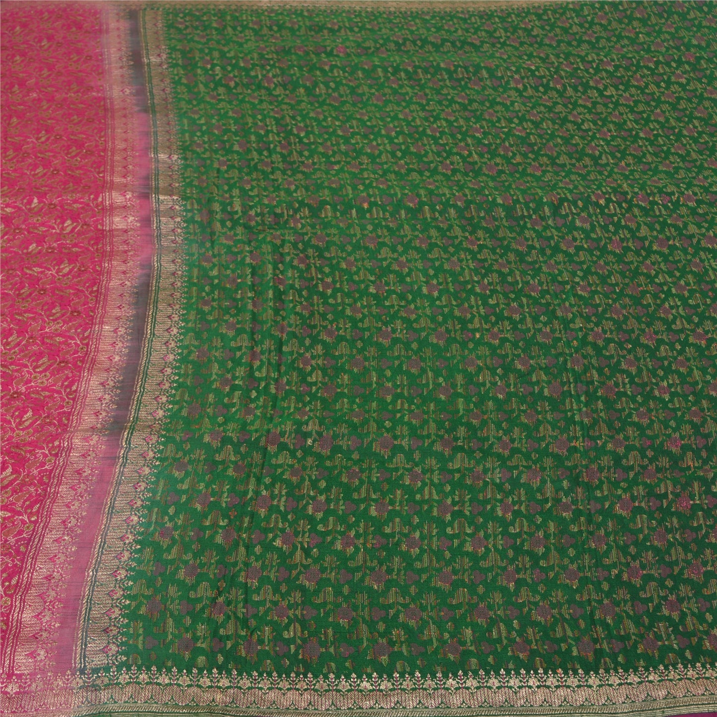 Sanskriti Vintage Pink/Green Sarees Pure Silk Woven Brocade/Banarasi Sari Sustainable Fabric