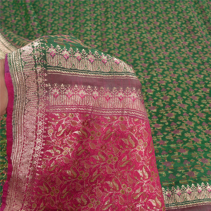 Sanskriti Vintage Pink/Green Sarees Pure Silk Woven Brocade/Banarasi Sari Sustainable Fabric