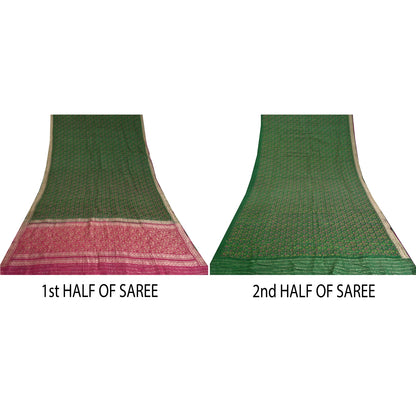 Sanskriti Vintage Pink/Green Sarees Pure Silk Woven Brocade/Banarasi Sari Sustainable Fabric