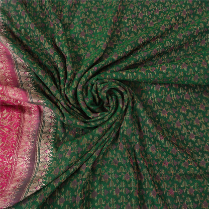 Sanskriti Vintage Pink/Green Sarees Pure Silk Woven Brocade/Banarasi Sari Sustainable Fabric