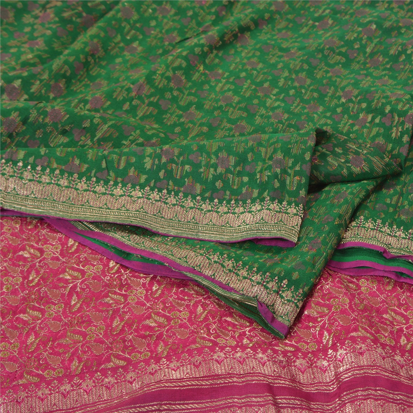 Sanskriti Vintage Pink/Green Sarees Pure Silk Woven Brocade/Banarasi Sari Sustainable Fabric