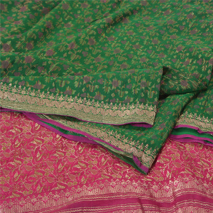 Sanskriti Vintage Pink/Green Sarees Pure Silk Woven Brocade/Banarasi Sari Sustainable Fabric