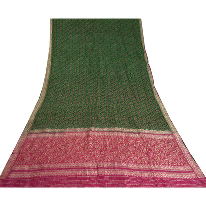 Sanskriti Vintage Pink/Green Sarees Pure Silk Woven Brocade/Banarasi Sari Sustainable Fabric