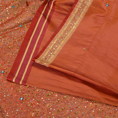 Sanskriti Vintage Copper/Red Sarees Pure Satin Silk Beaded Tanchoi Sari Sustainable Fabric