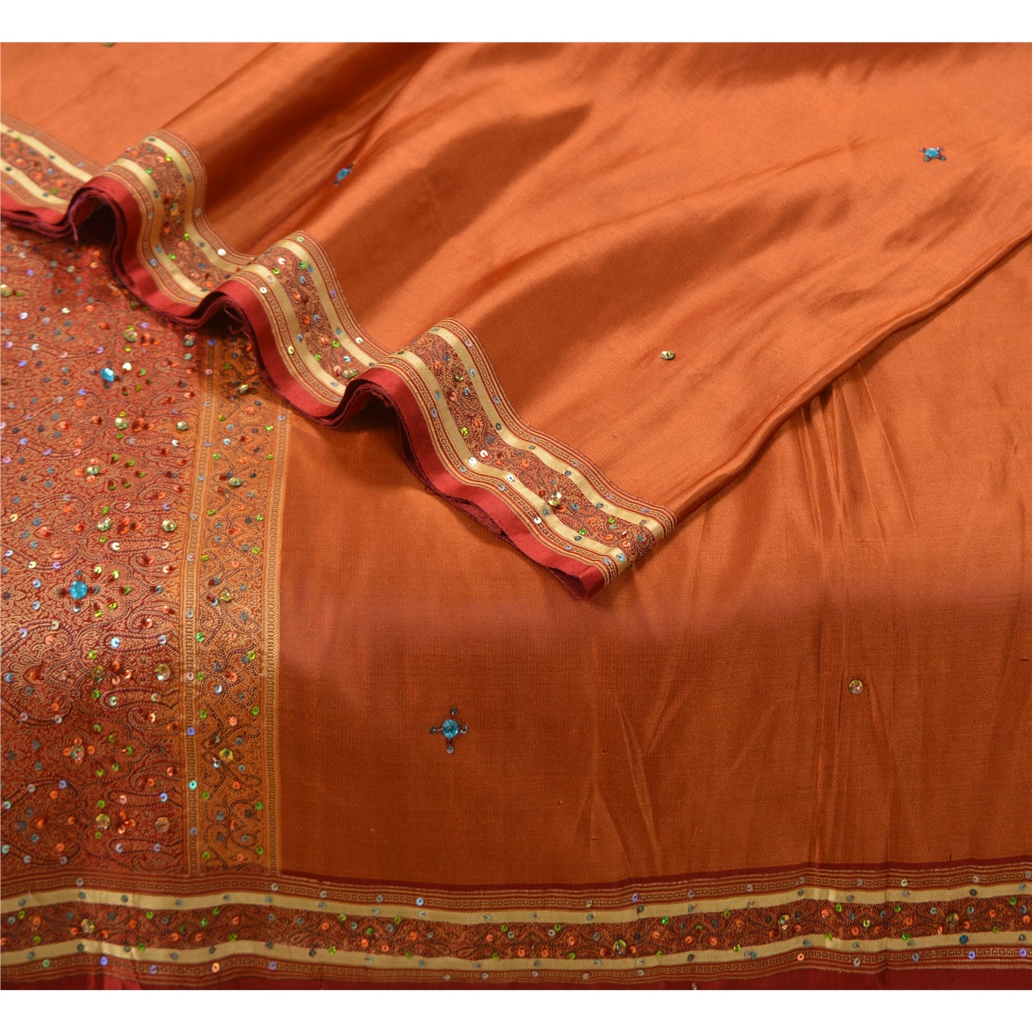 Sanskriti Vintage Copper/Red Sarees Pure Satin Silk Beaded Tanchoi Sari Sustainable Fabric