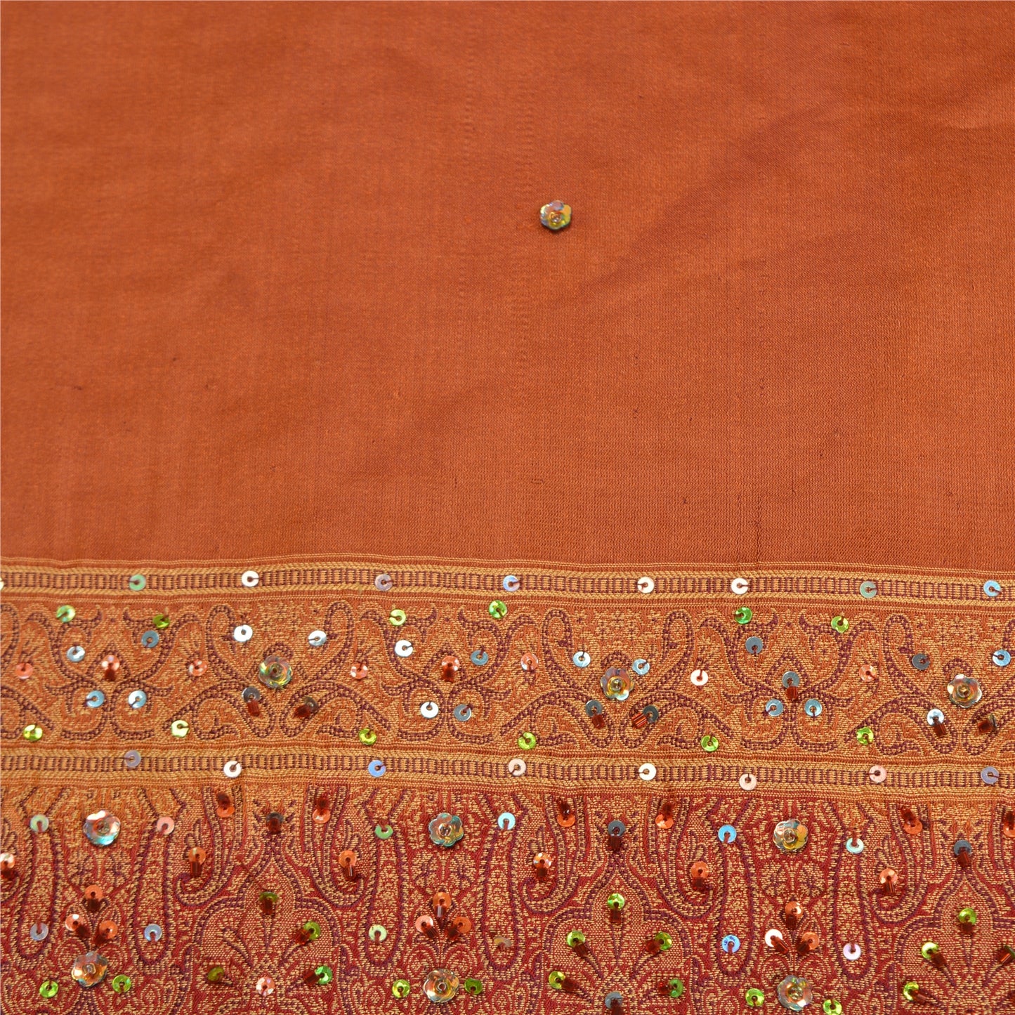 Sanskriti Vintage Copper/Red Sarees Pure Satin Silk Beaded Tanchoi Sari Sustainable Fabric