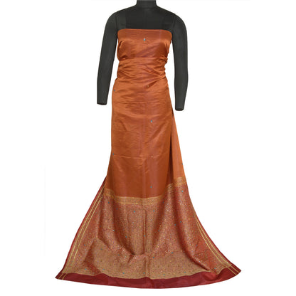 Sanskriti Vintage Copper/Red Sarees Pure Satin Silk Beaded Tanchoi Sari Sustainable Fabric