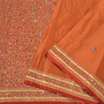 Sanskriti Vintage Copper/Red Sarees Pure Satin Silk Beaded Tanchoi Sari Sustainable Fabric