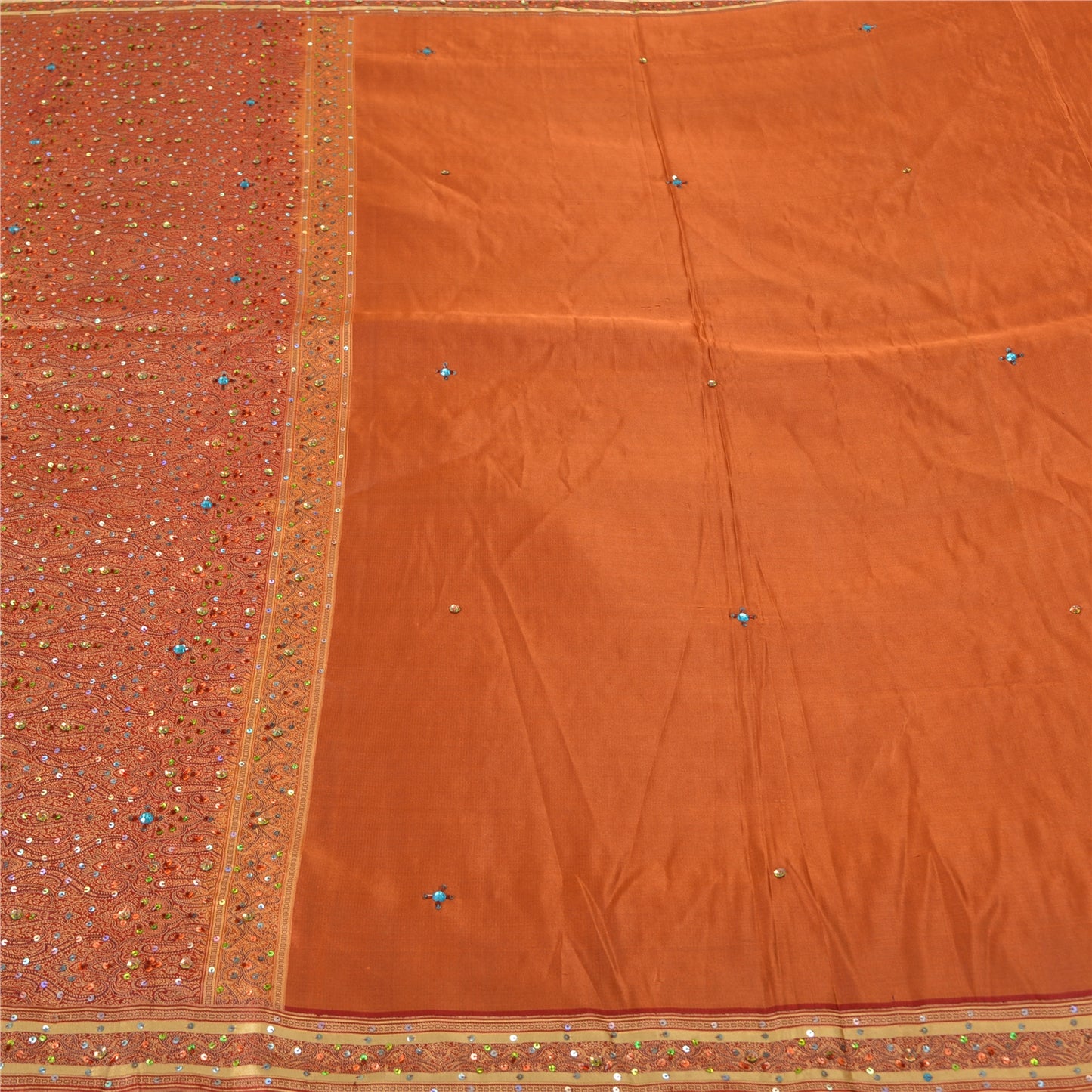 Sanskriti Vintage Copper/Red Sarees Pure Satin Silk Beaded Tanchoi Sari Sustainable Fabric