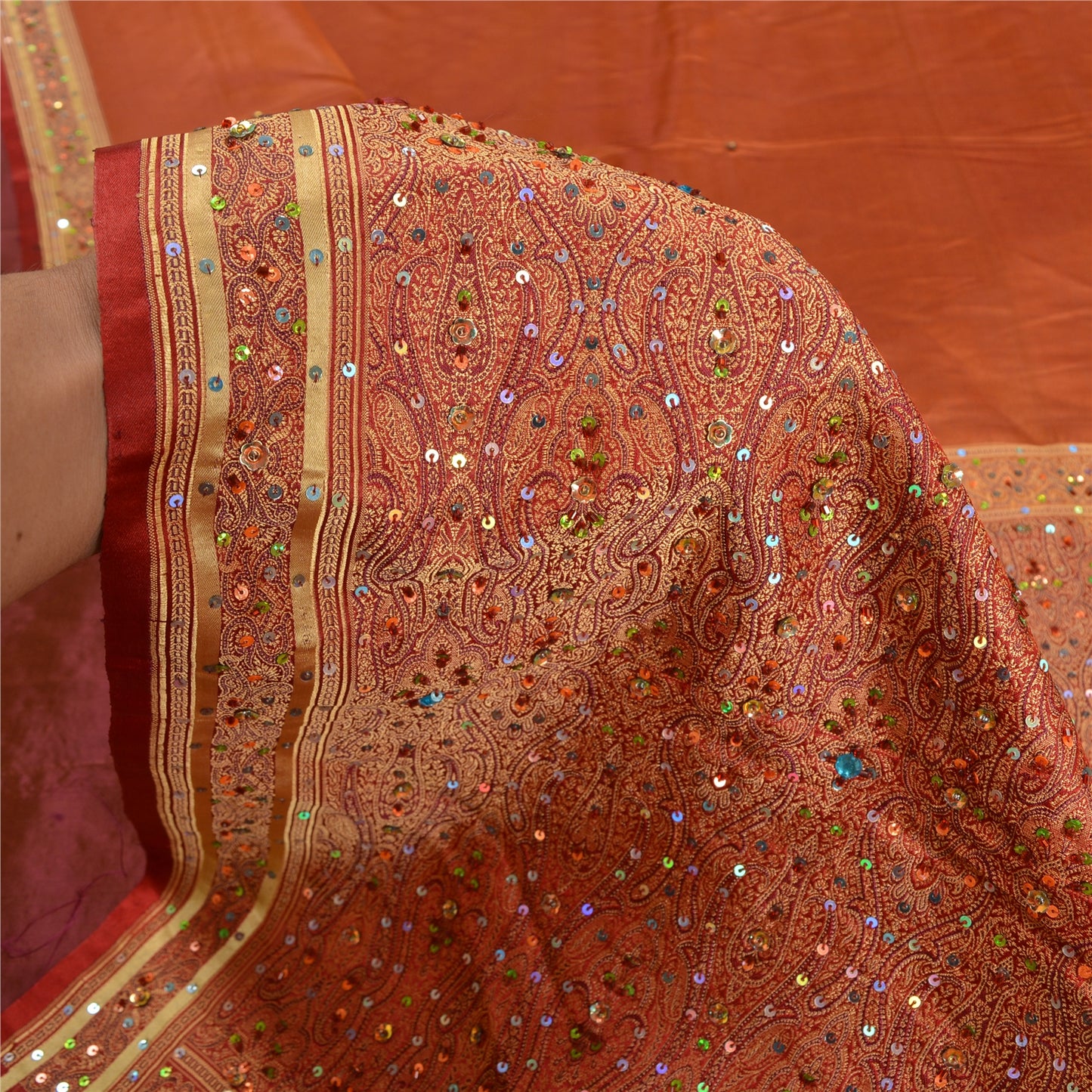 Sanskriti Vintage Copper/Red Sarees Pure Satin Silk Beaded Tanchoi Sari Sustainable Fabric