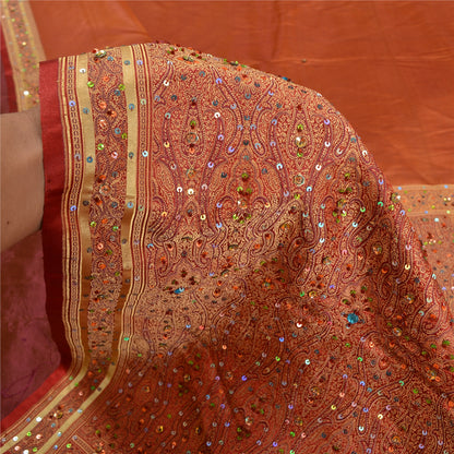 Sanskriti Vintage Copper/Red Sarees Pure Satin Silk Beaded Tanchoi Sari Sustainable Fabric