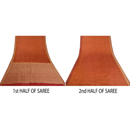 Sanskriti Vintage Copper/Red Sarees Pure Satin Silk Beaded Tanchoi Sari Sustainable Fabric