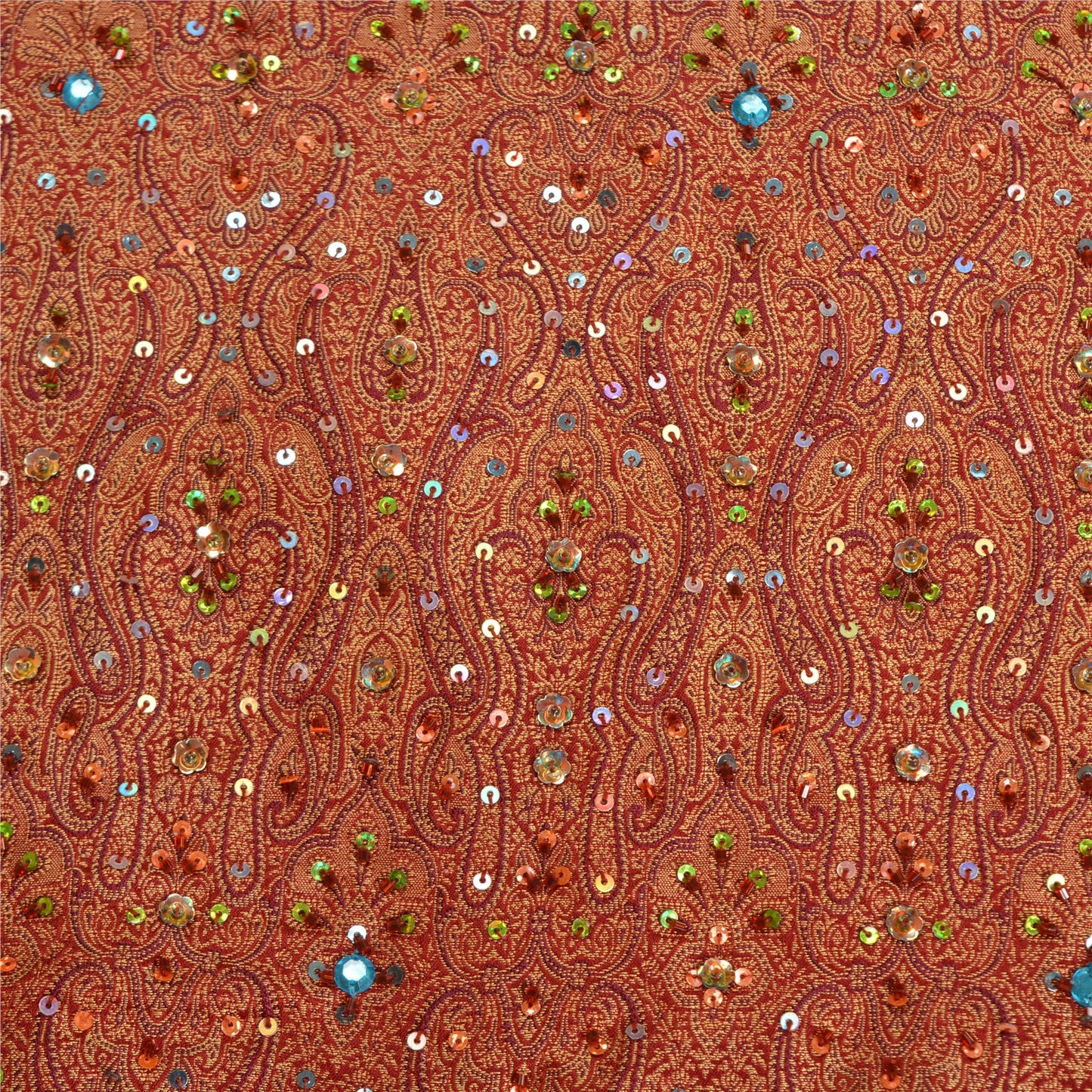 Sanskriti Vintage Copper/Red Sarees Pure Satin Silk Beaded Tanchoi Sari Sustainable Fabric