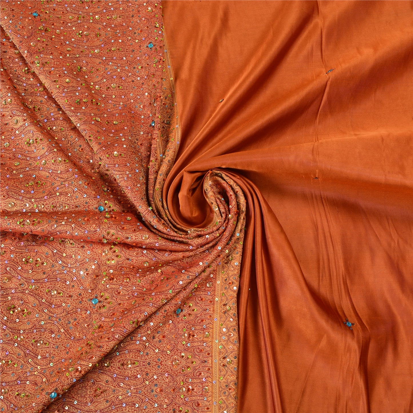 Sanskriti Vintage Copper/Red Sarees Pure Satin Silk Beaded Tanchoi Sari Sustainable Fabric