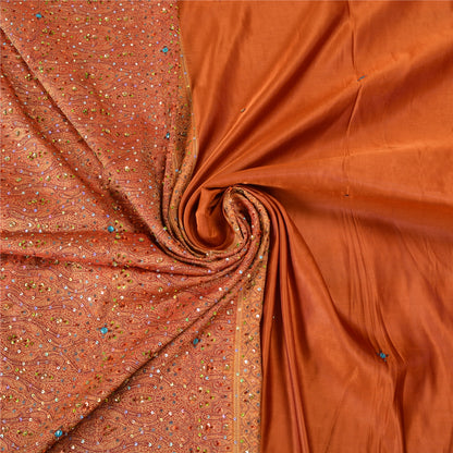 Sanskriti Vintage Copper/Red Sarees Pure Satin Silk Beaded Tanchoi Sari Sustainable Fabric