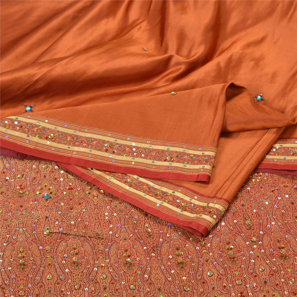 Sanskriti Vintage Copper/Red Sarees Pure Satin Silk Beaded Tanchoi Sari Sustainable Fabric
