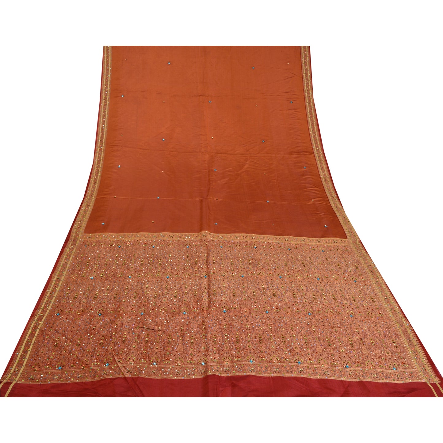 Sanskriti Vintage Copper/Red Sarees Pure Satin Silk Beaded Tanchoi Sari Sustainable Fabric