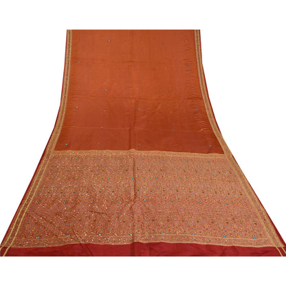 Sanskriti Vintage Copper/Red Sarees Pure Satin Silk Beaded Tanchoi Sari Sustainable Fabric