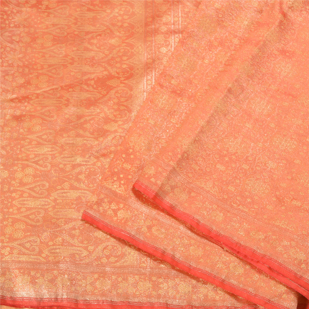 Sanskriti Vintage Peach Sarees Pure Satin Woven Brocade/Banarasi Sari Sustainable Fabric