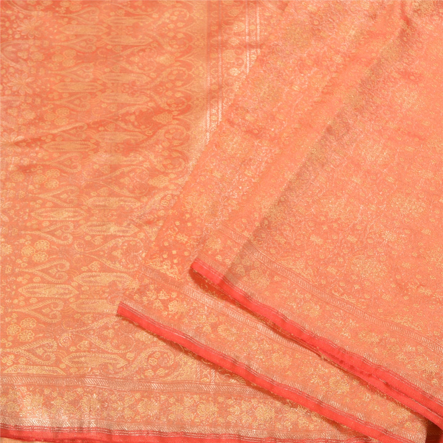 Sanskriti Vintage Peach Sarees Pure Satin Woven Brocade/Banarasi Sari Sustainable Fabric