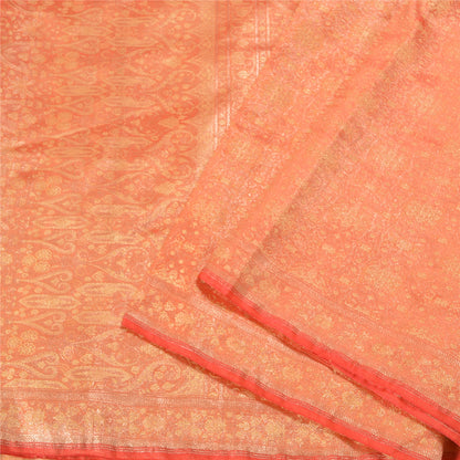 Sanskriti Vintage Peach Sarees Pure Satin Woven Brocade/Banarasi Sari Sustainable Fabric