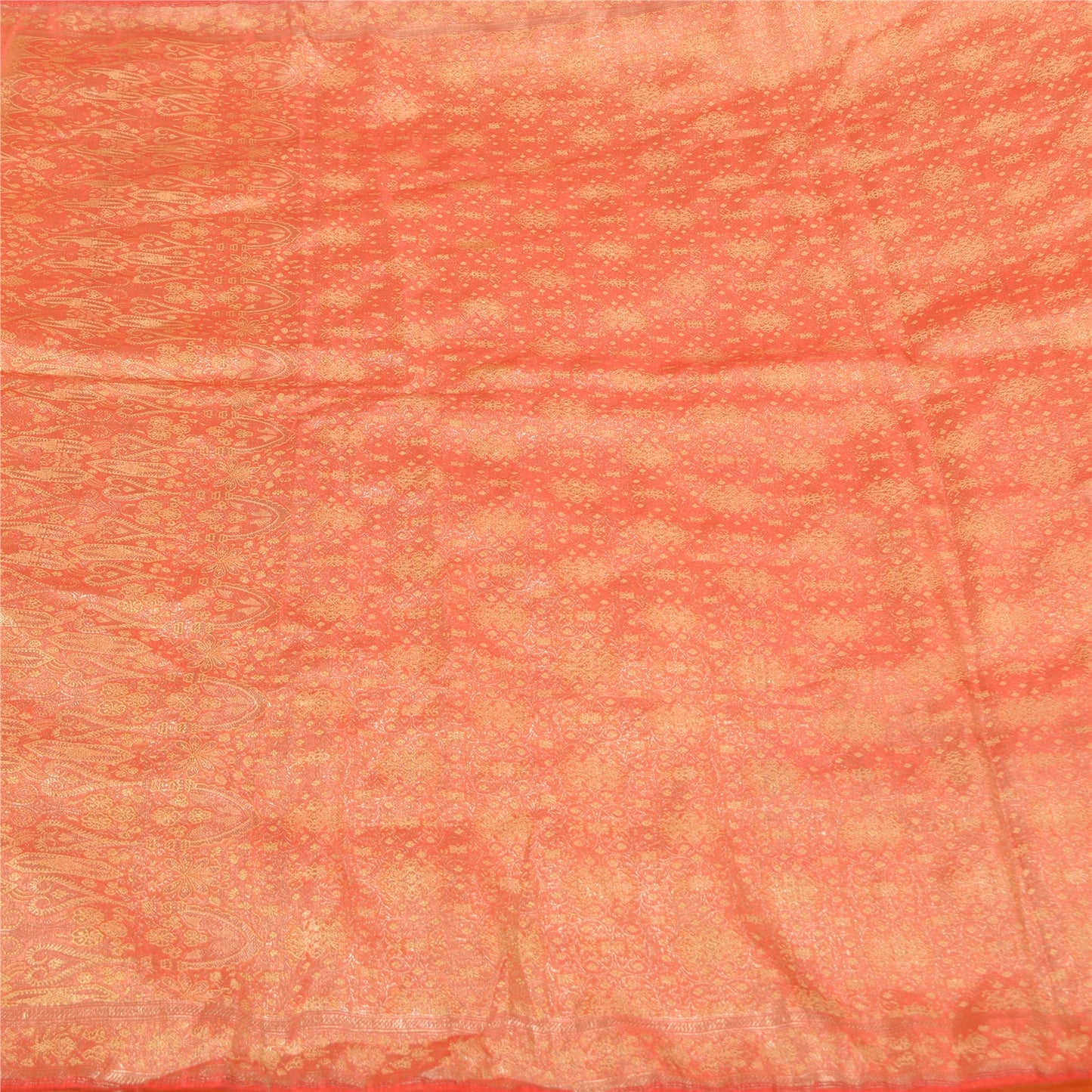 Sanskriti Vintage Peach Sarees Pure Satin Woven Brocade/Banarasi Sari Sustainable Fabric