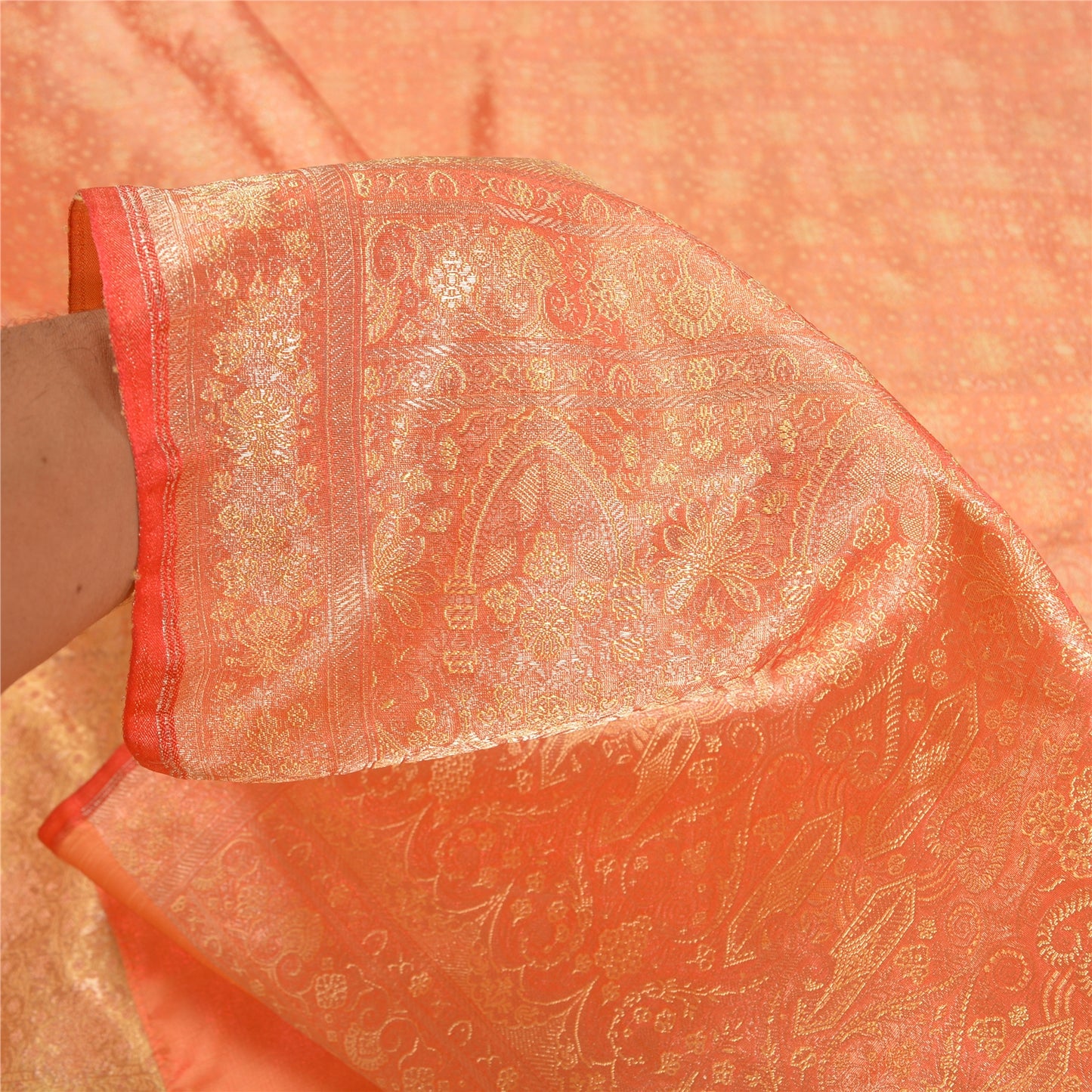 Sanskriti Vintage Peach Sarees Pure Satin Woven Brocade/Banarasi Sari Sustainable Fabric