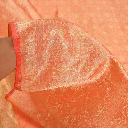 Sanskriti Vintage Peach Sarees Pure Satin Woven Brocade/Banarasi Sari Sustainable Fabric