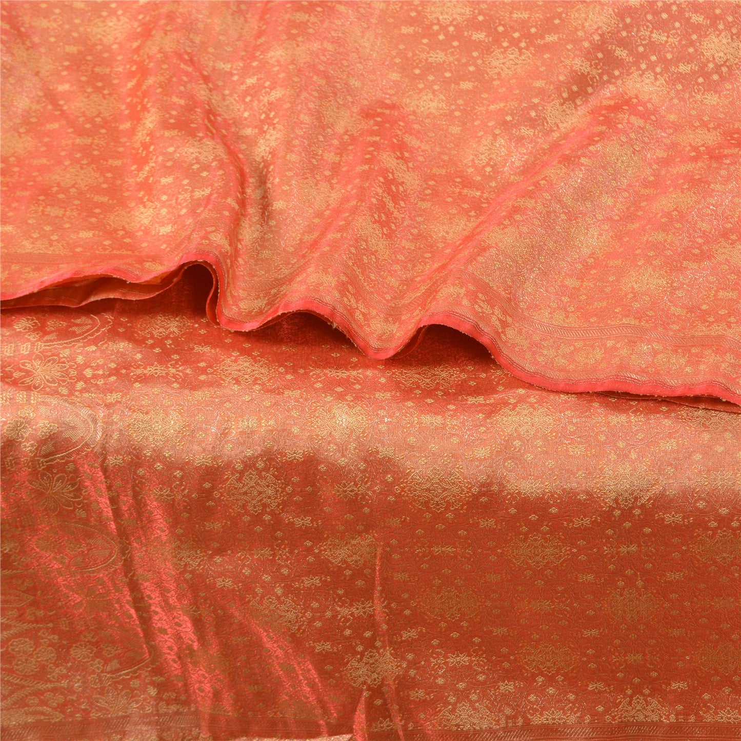 Sanskriti Vintage Peach Sarees Pure Satin Woven Brocade/Banarasi Sari Sustainable Fabric