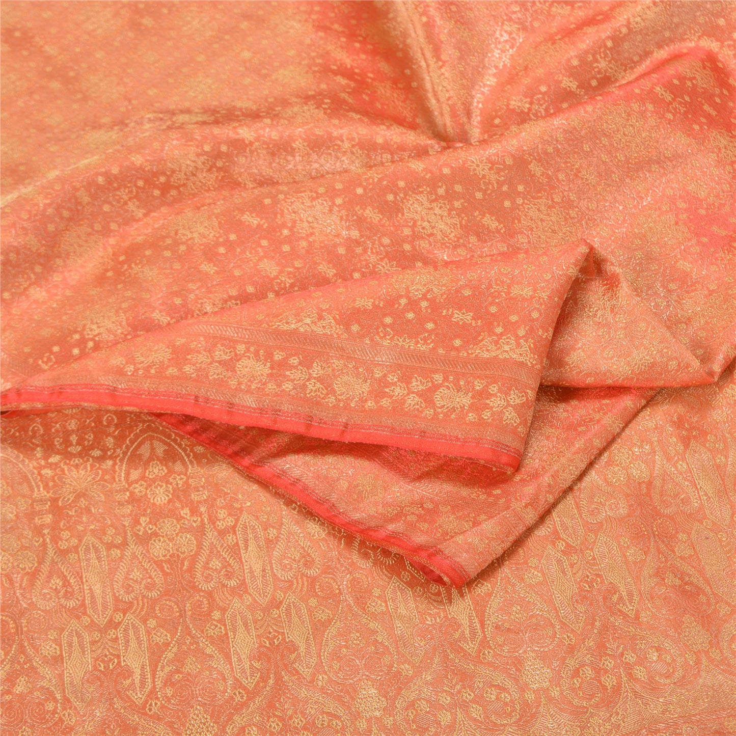 Sanskriti Vintage Peach Sarees Pure Satin Woven Brocade/Banarasi Sari Sustainable Fabric