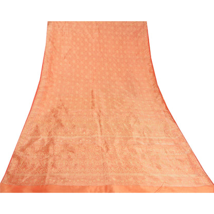 Sanskriti Vintage Peach Sarees Pure Satin Woven Brocade/Banarasi Sari Sustainable Fabric