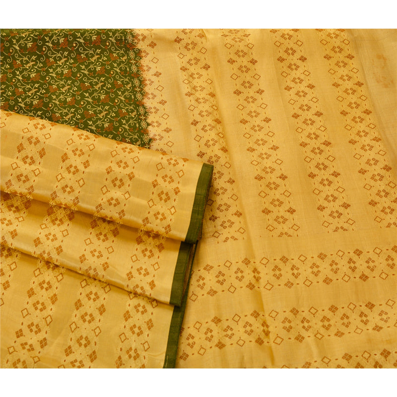 Sanskriti Vintage Sari 100% Pure Satin Silk Dark Green & Cream Saree Banarasi Woven 5Yrd Craft Fabric Boho Quilting Material, Projects