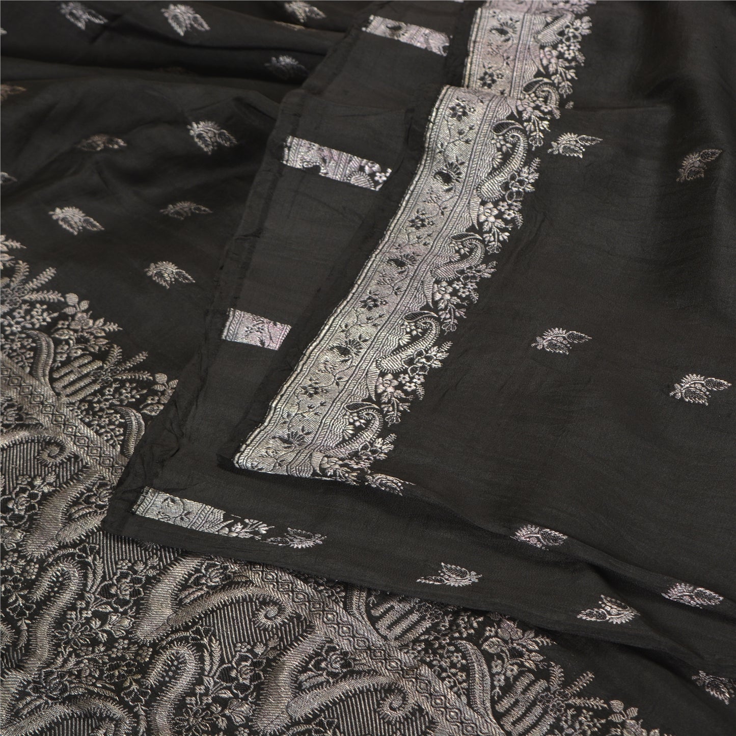 Sanskriti Vintage Black Sarees Pure Silk Woven Brocade/Banarasi Sari Sustainable Fabric