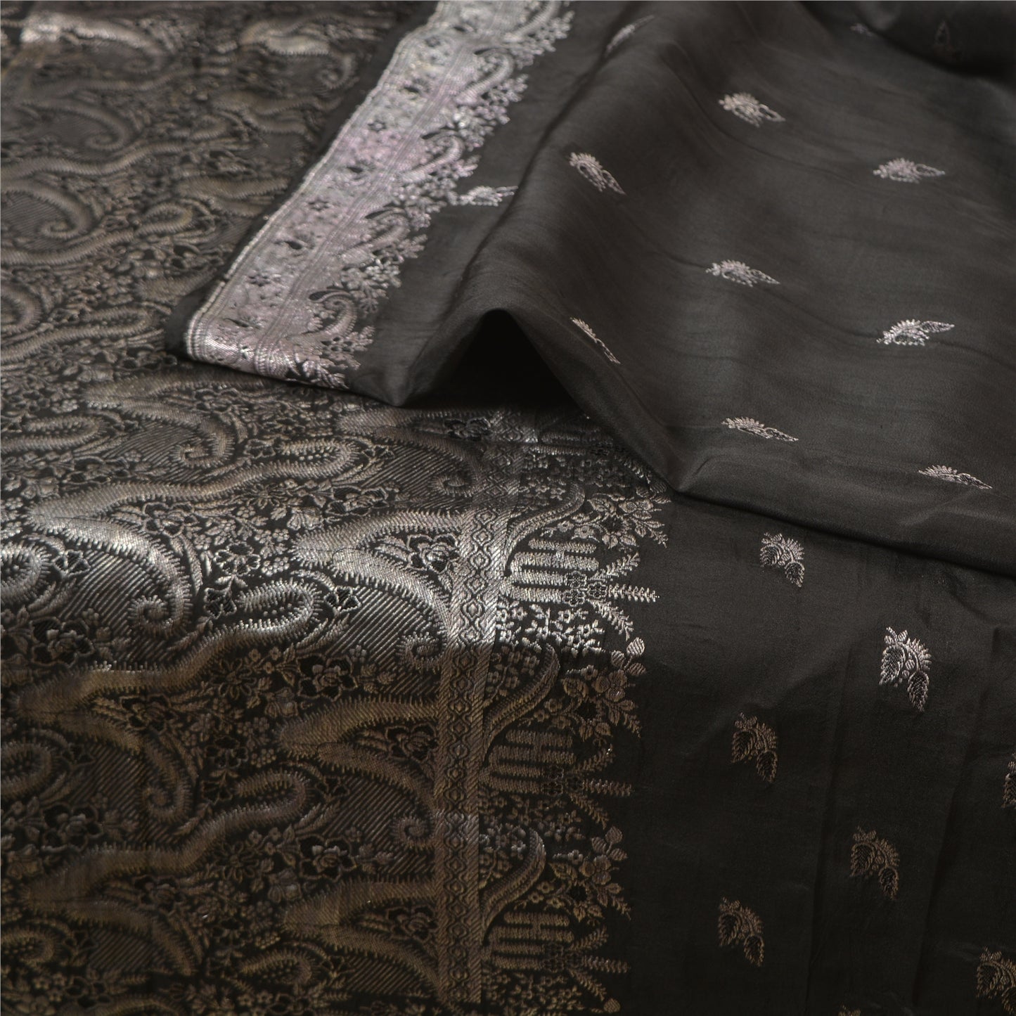 Sanskriti Vintage Black Sarees Pure Silk Woven Brocade/Banarasi Sari Sustainable Fabric