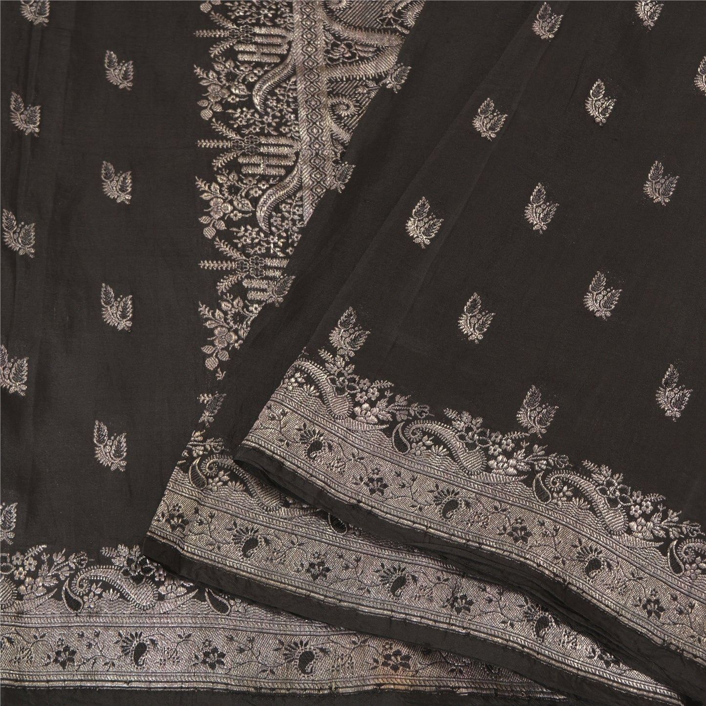 Sanskriti Vintage Black Sarees Pure Silk Woven Brocade/Banarasi Sari Sustainable Fabric