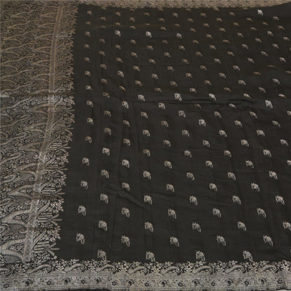 Sanskriti Vintage Black Sarees Pure Silk Woven Brocade/Banarasi Sari Sustainable Fabric