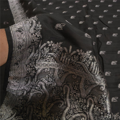 Sanskriti Vintage Black Sarees Pure Silk Woven Brocade/Banarasi Sari Sustainable Fabric