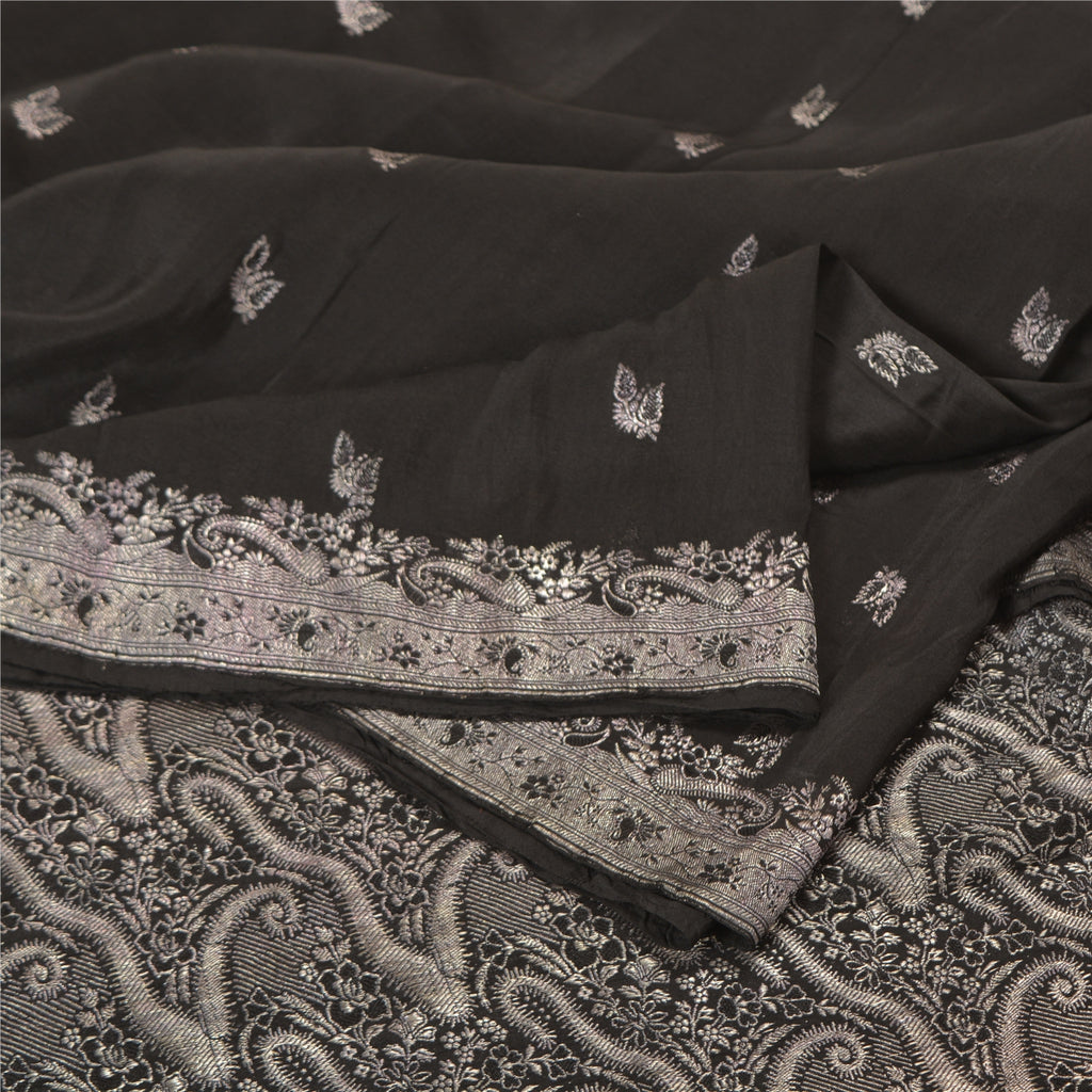 Sanskriti Vintage Black Sarees Pure Silk Woven Brocade/Banarasi Sari Sustainable Fabric