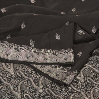 Sanskriti Vintage Black Sarees Pure Silk Woven Brocade/Banarasi Sari Sustainable Fabric