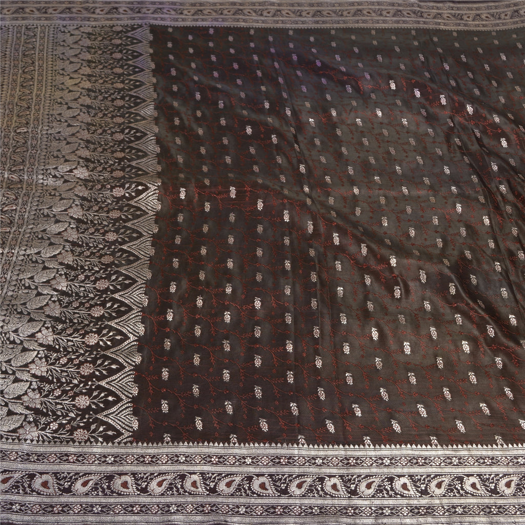 Sanskriti Vintage Brown Sarees Pure Satin Woven Brocade/Banarasi Sari Sustainable Fabric