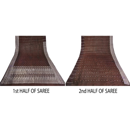 Sanskriti Vintage Brown Sarees Pure Satin Woven Brocade/Banarasi Sari Sustainable Fabric