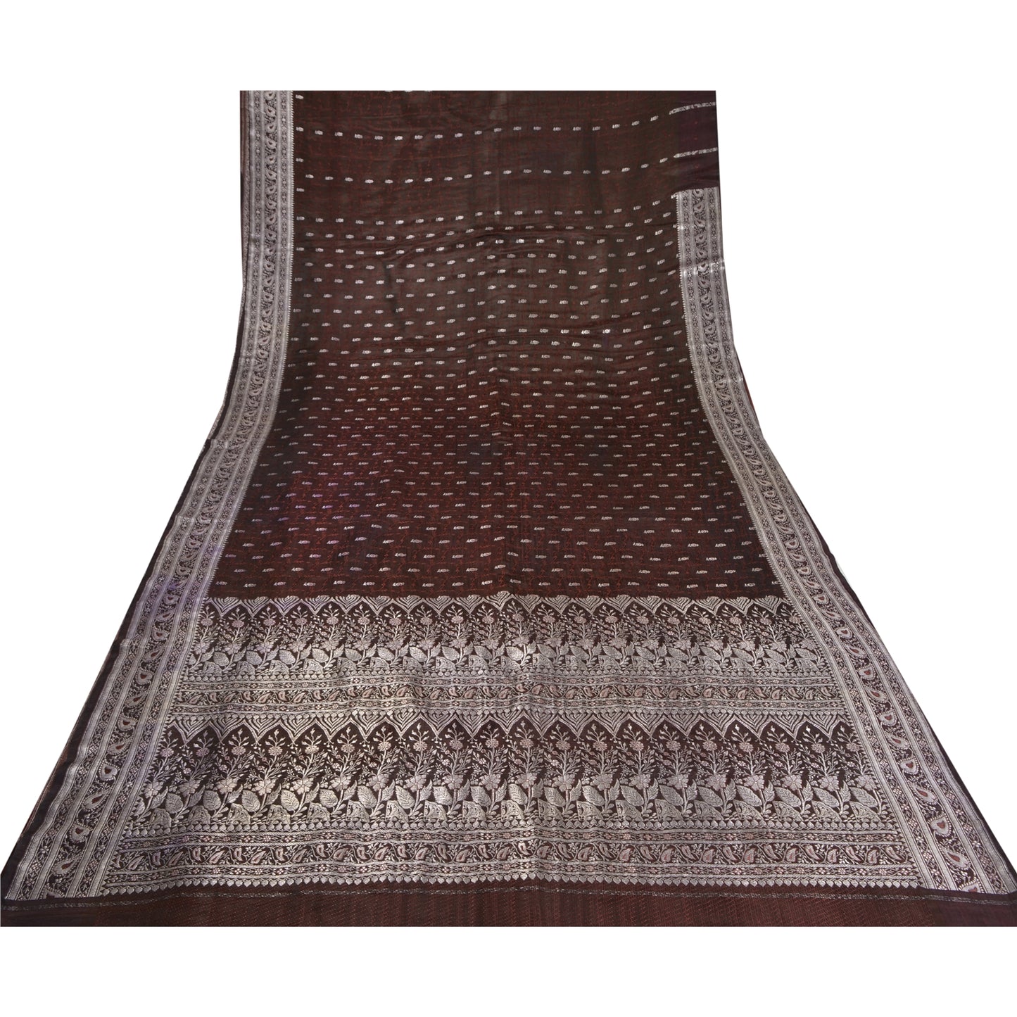 Sanskriti Vintage Brown Sarees Pure Satin Woven Brocade/Banarasi Sari Sustainable Fabric