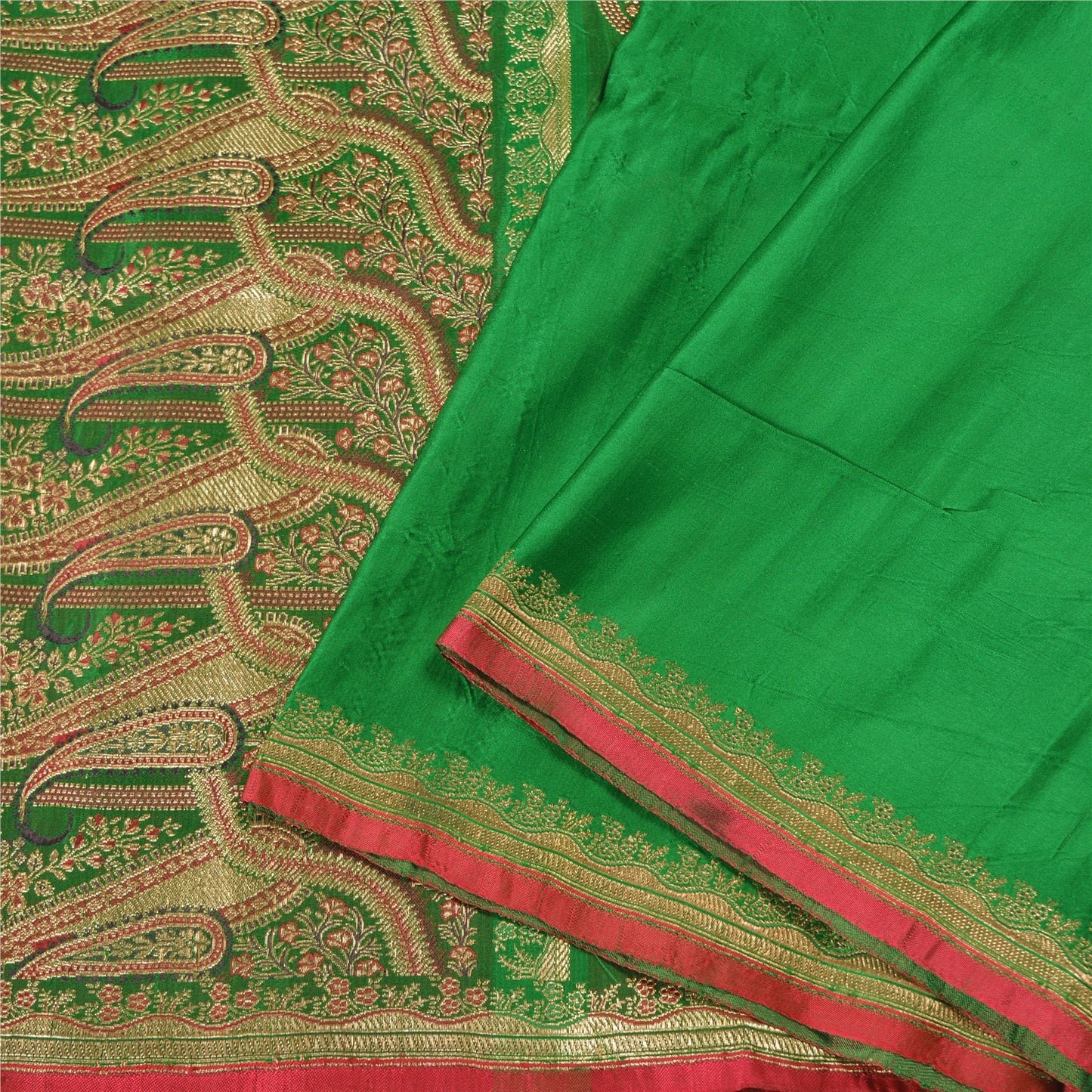 Sanskriti Vintage Green Sarees Pure Satin Woven Brocade/Banarasi Sari Sustainable Fabric