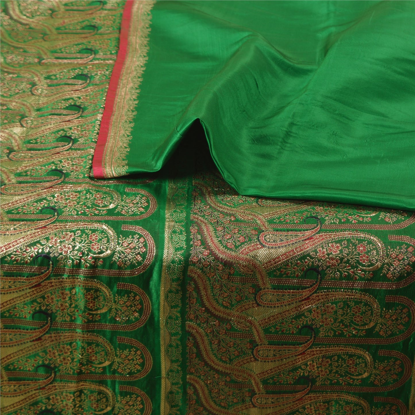 Sanskriti Vintage Green Sarees Pure Satin Woven Brocade/Banarasi Sari Sustainable Fabric