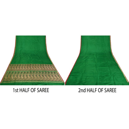 Sanskriti Vintage Green Sarees Pure Satin Woven Brocade/Banarasi Sari Sustainable Fabric